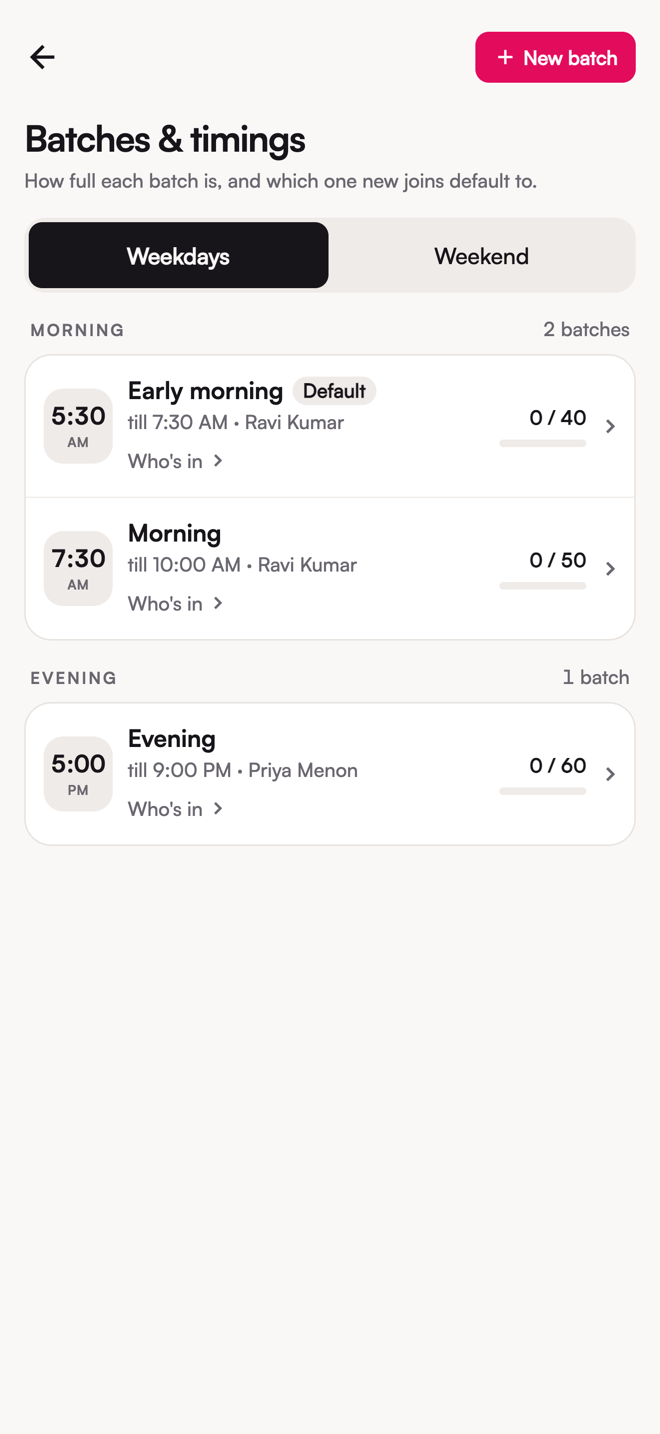 The Batches and timings screen: batches grouped by time of day, each with its capacity bar, trainer and the members in it.
