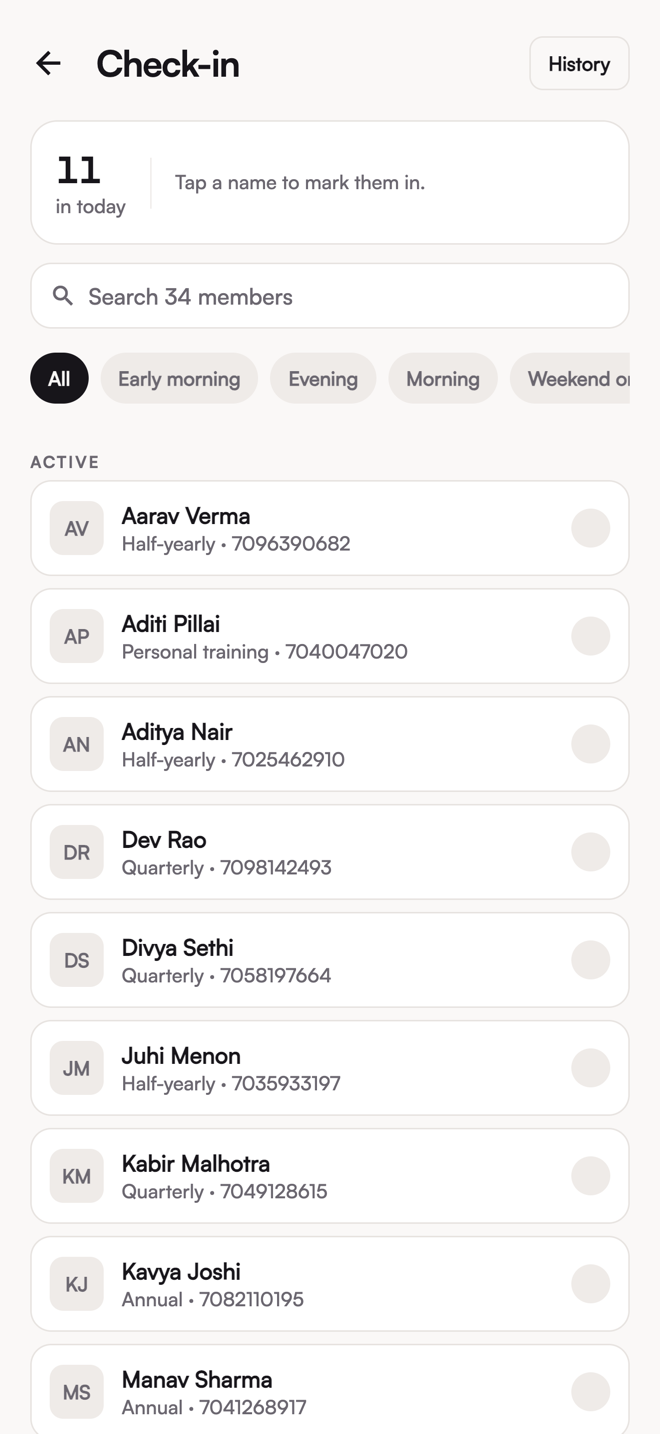 The Check-in screen: today's list of members, partly checked in.
