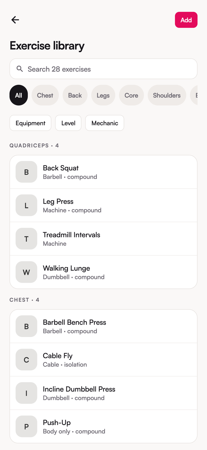 The Exercise library screen: a search box, muscle pills, the equipment, level and mechanic filters, and exercises grouped by muscle.