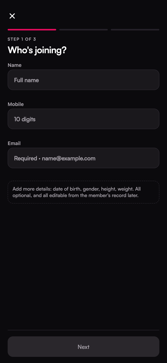 The Add member screen. Step 1 of 3.