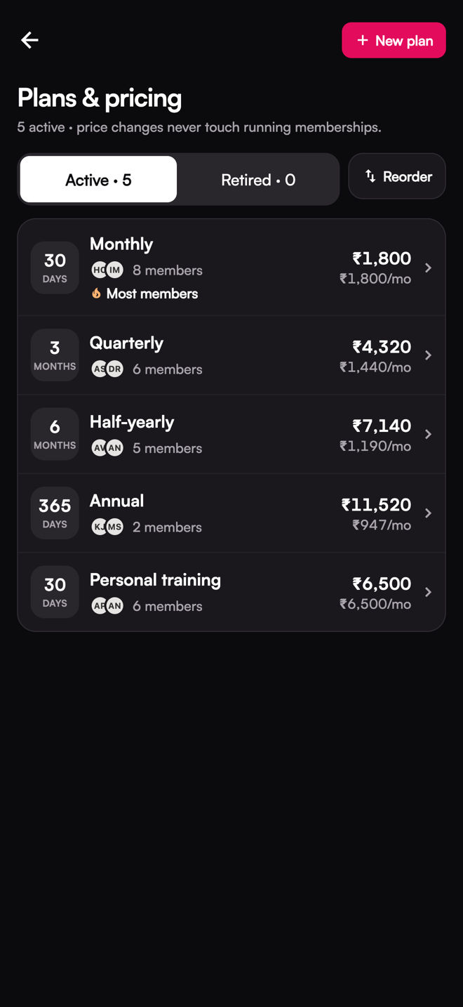 The Plans & pricing screen. Five plans with durations and amounts.