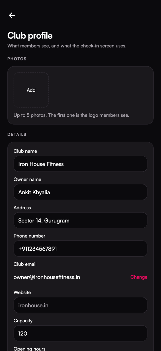 The Club profile screen. Club profile form with the gallery.