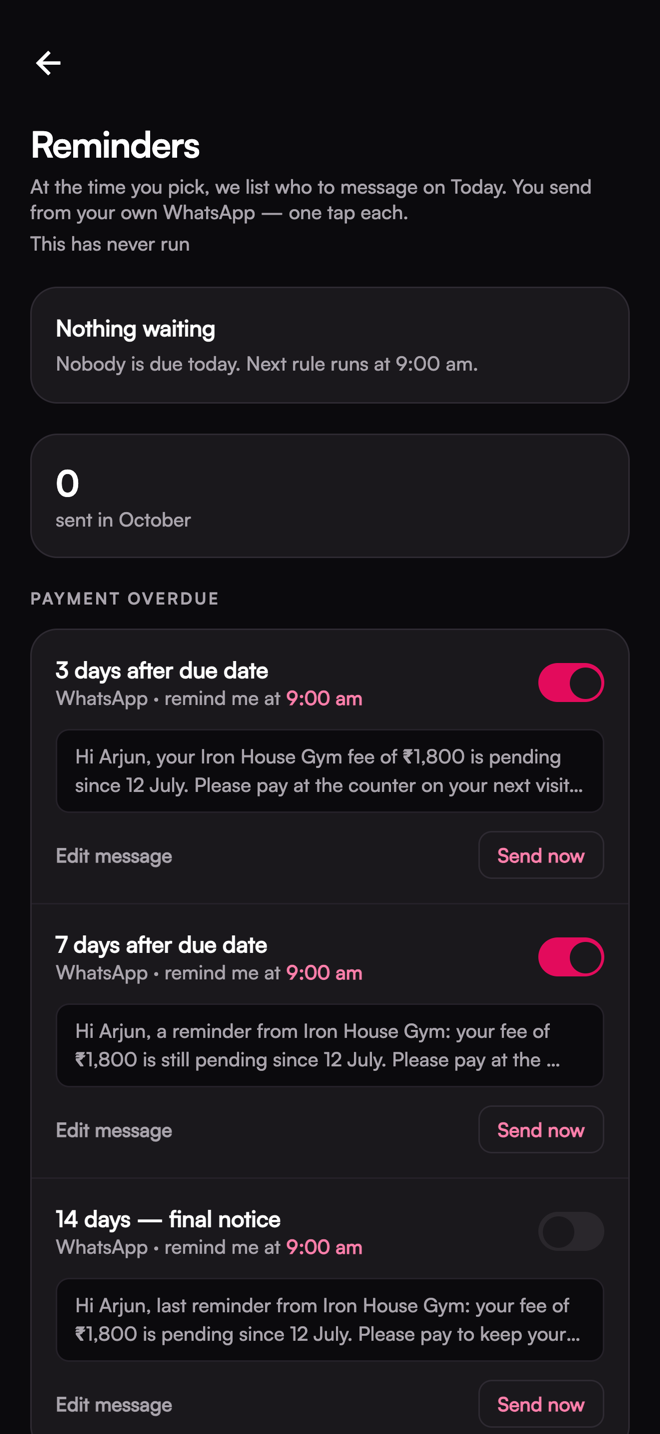 The Reminders & automations screen. Rule toggles per stage, channel and send time, the message preview.