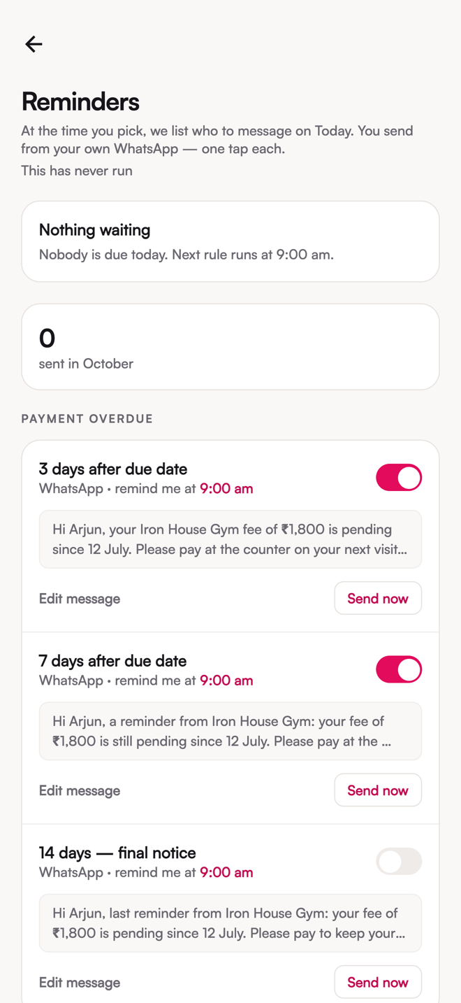 The Reminders screen: switches for each reminder stage, the channel and send time, and a preview of the drafted message.