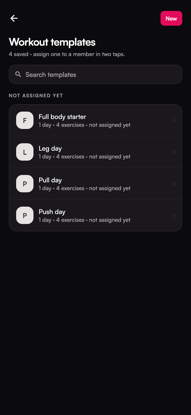 The Workout templates screen of Varzish Mate.