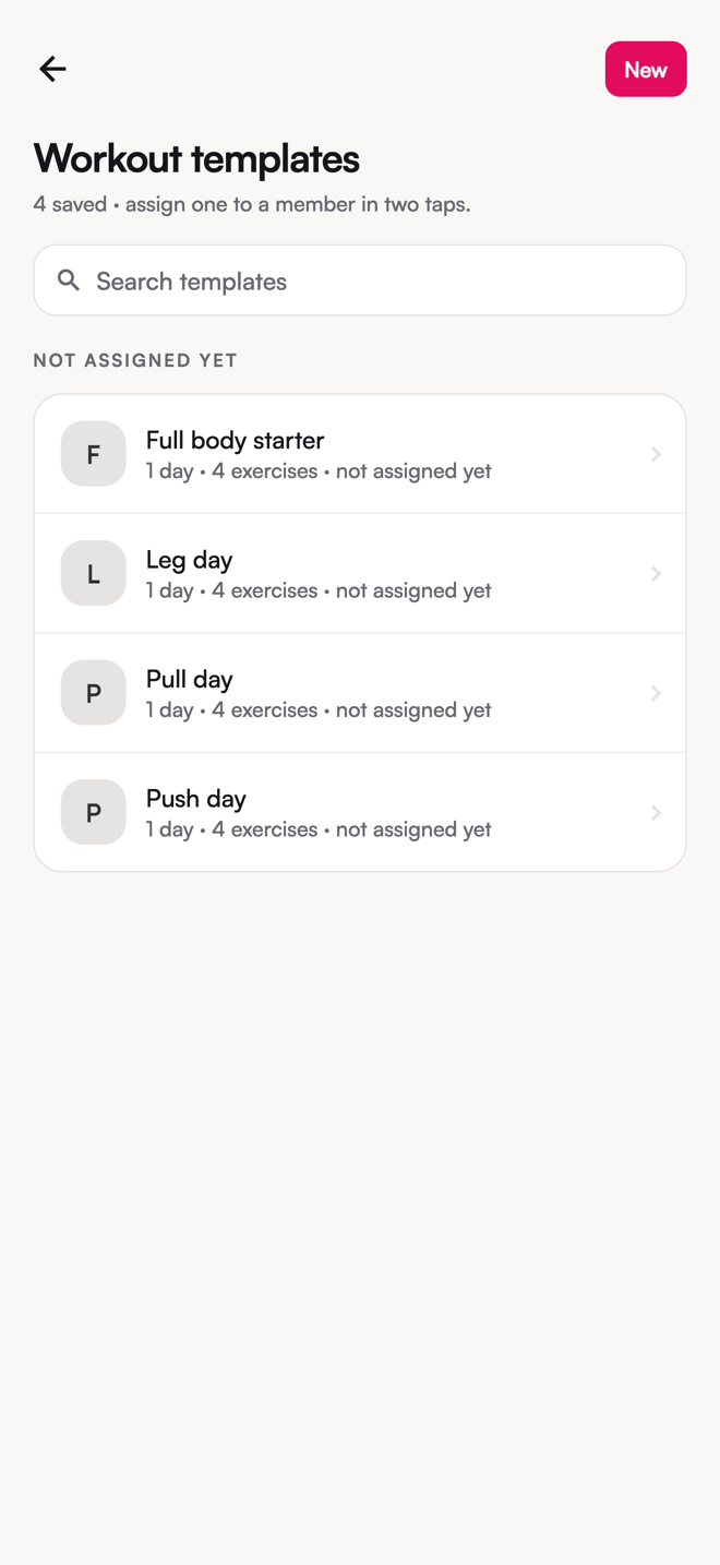 The Workout templates screen: saved routines with their day and exercise counts and how many members hold each one.